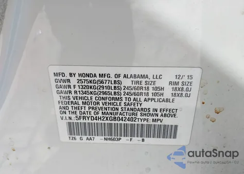 2016 Acura Mdx Acurawatch Plus Package from USA, damaged, VIN 5FRYD4H2XGB042402